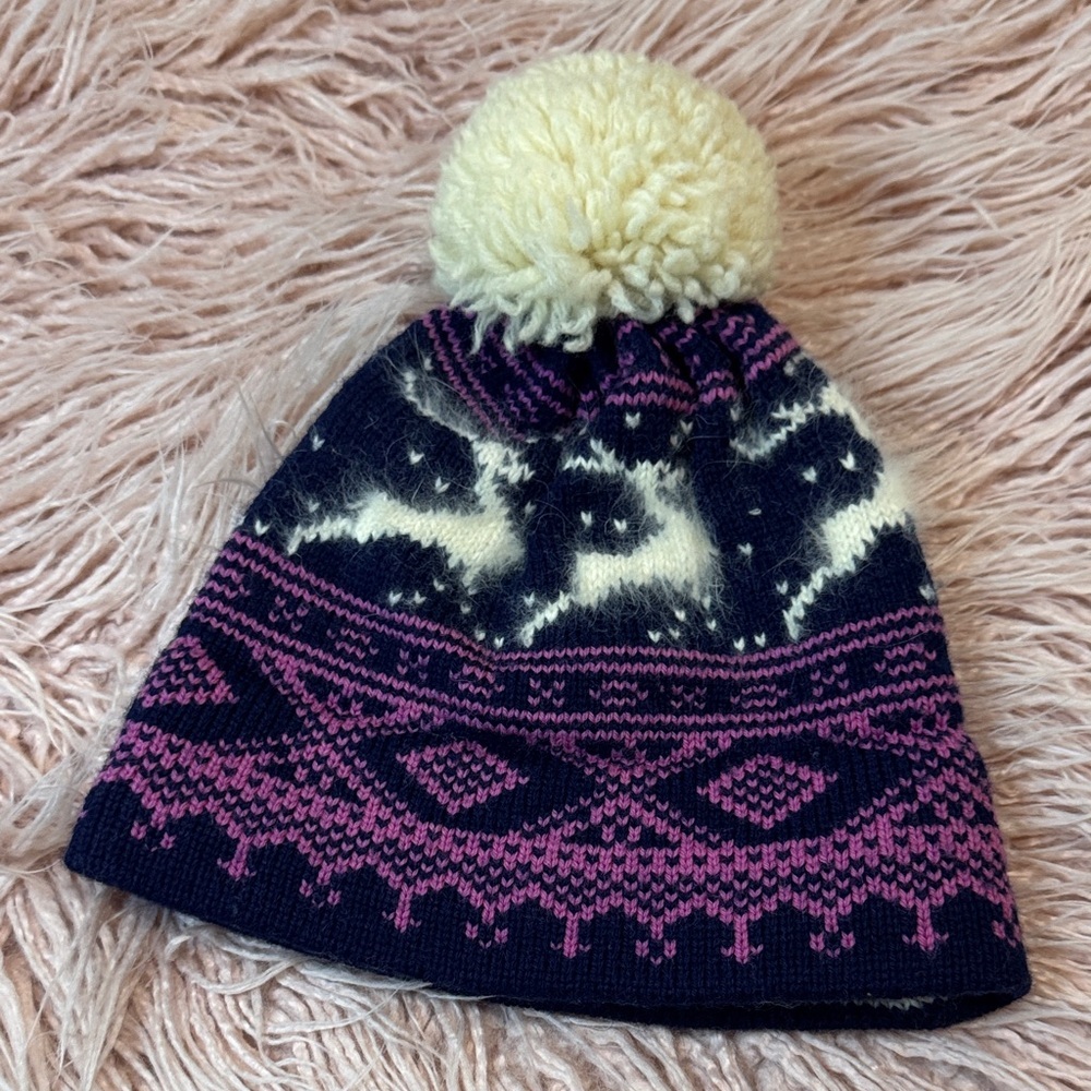 Vintage White Stag Navy and Pink Knit Hat with Cream pom pom